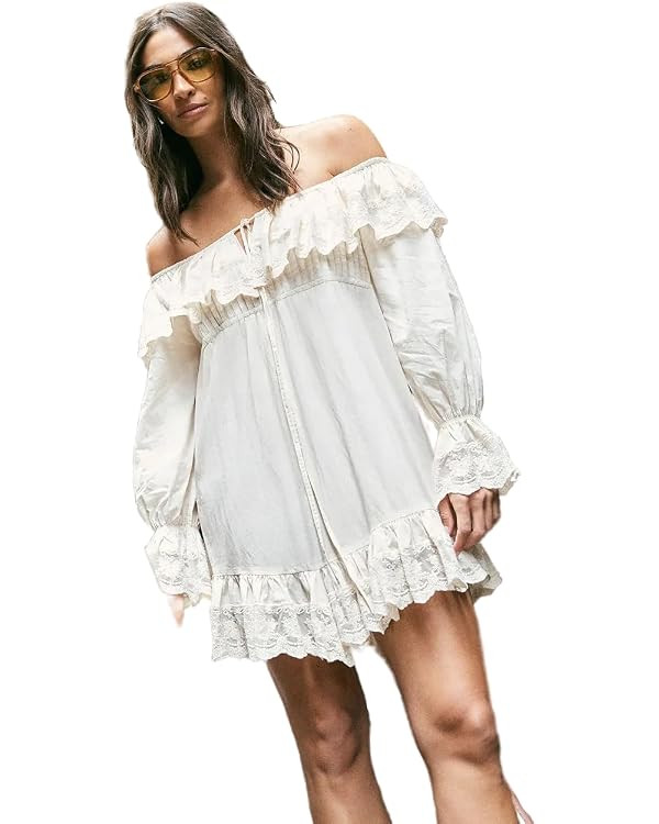 Nasty Gal Cotton Embroidered lace Ruffle Bardot Tie Front Mini Dress | Amazon (US)