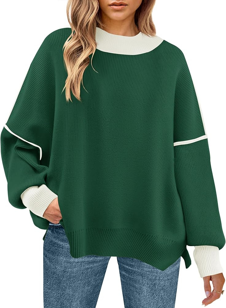 ZESICA Women's Winter Oversized Sweaters Long Sleeve Color Block Mock Neck Side Slit Comfy Loose ... | Amazon (US)