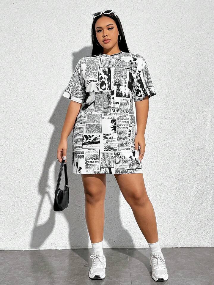 SHEIN EZwear Women'S Plus Size Newspaper Printed Loose Casual Round Neck Dress | SHEIN