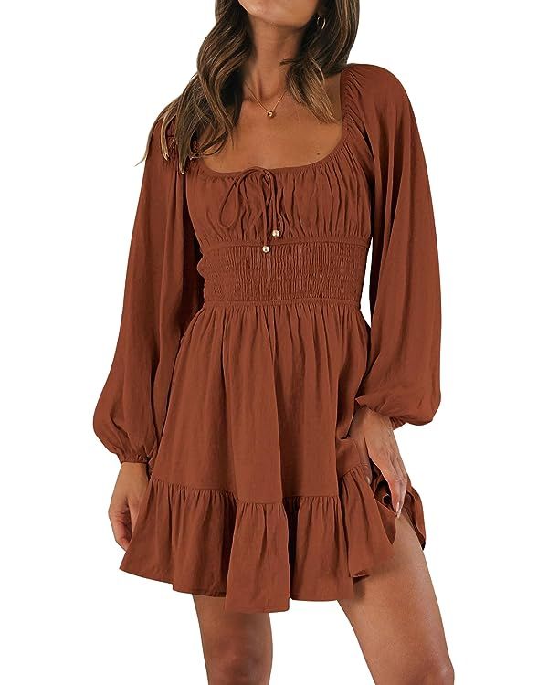 LILLUSORY Women's Long Sleeve Mini Dresses 2023 Fall Square Neck Cottagecore Casual Smocked Flowy... | Amazon (US)