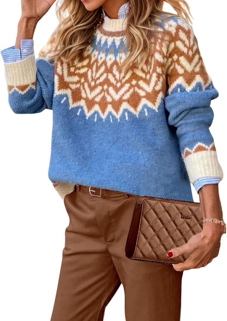 EARKOHA Women's Casual Mock Neck Ribbed Sweater Pullover 2024 Fall Oversized Long Sleeve Print Sw... | Amazon (US)