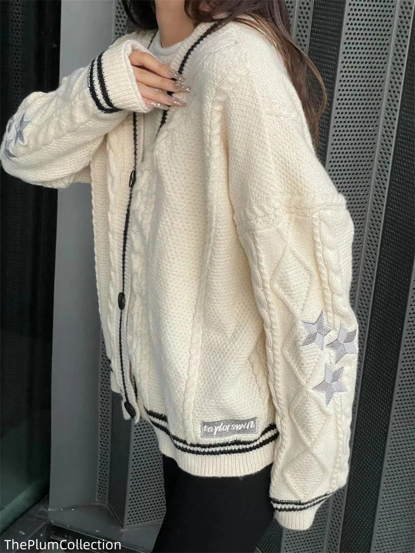 Folk Cardigan,Beige Star Embroidered Cardigan,Oversized Cute Hand Knitted Cardigan,Swift Folk, Pe... | Etsy (US)