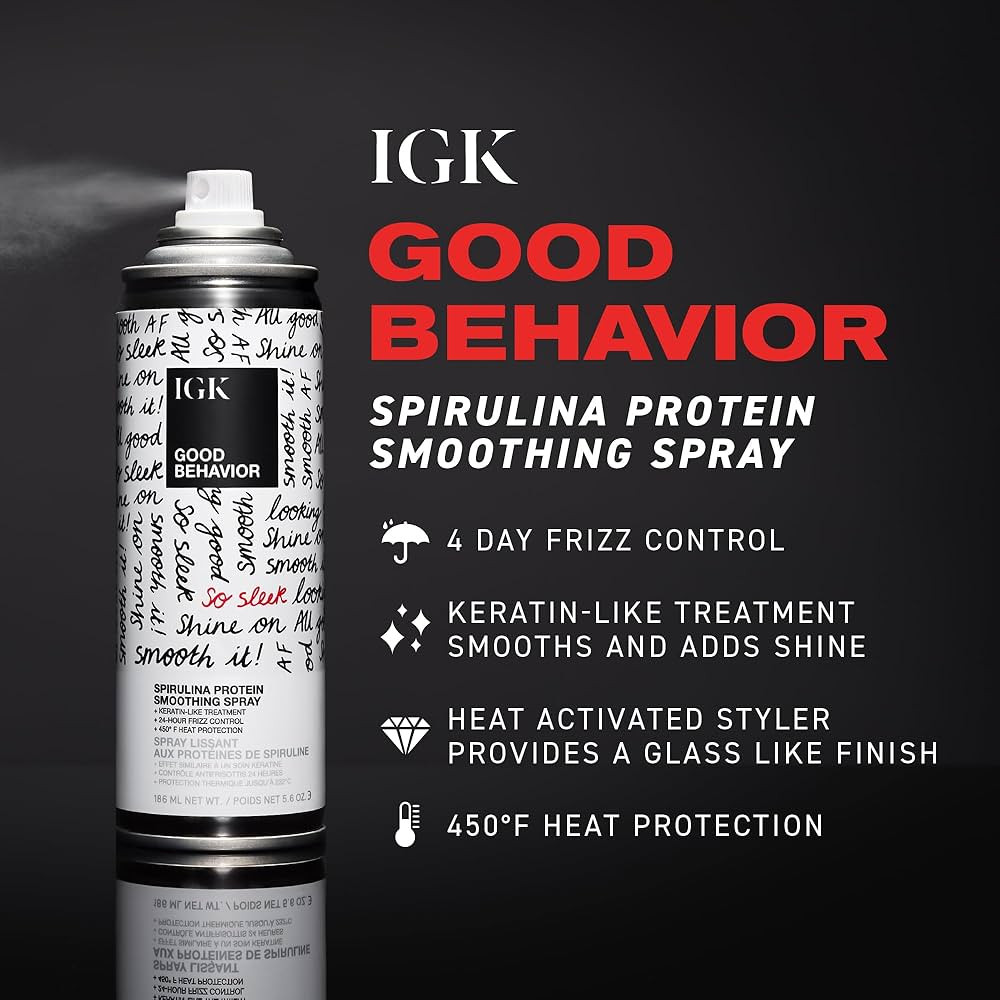 IGK GOOD BEHAVIOR Spirulina Protein Smoothing Spray | Frizz Control + Heat Protectant | Vegan + C... | Amazon (US)