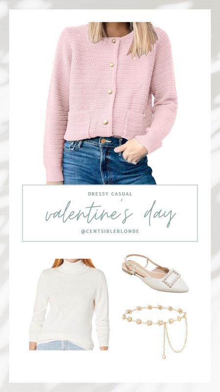 Valentine’s Day outfit 
Pink sweater
Ivory turtleneck 
Pearl slingbacks
Dressy casual 
Pearl and gold belt
