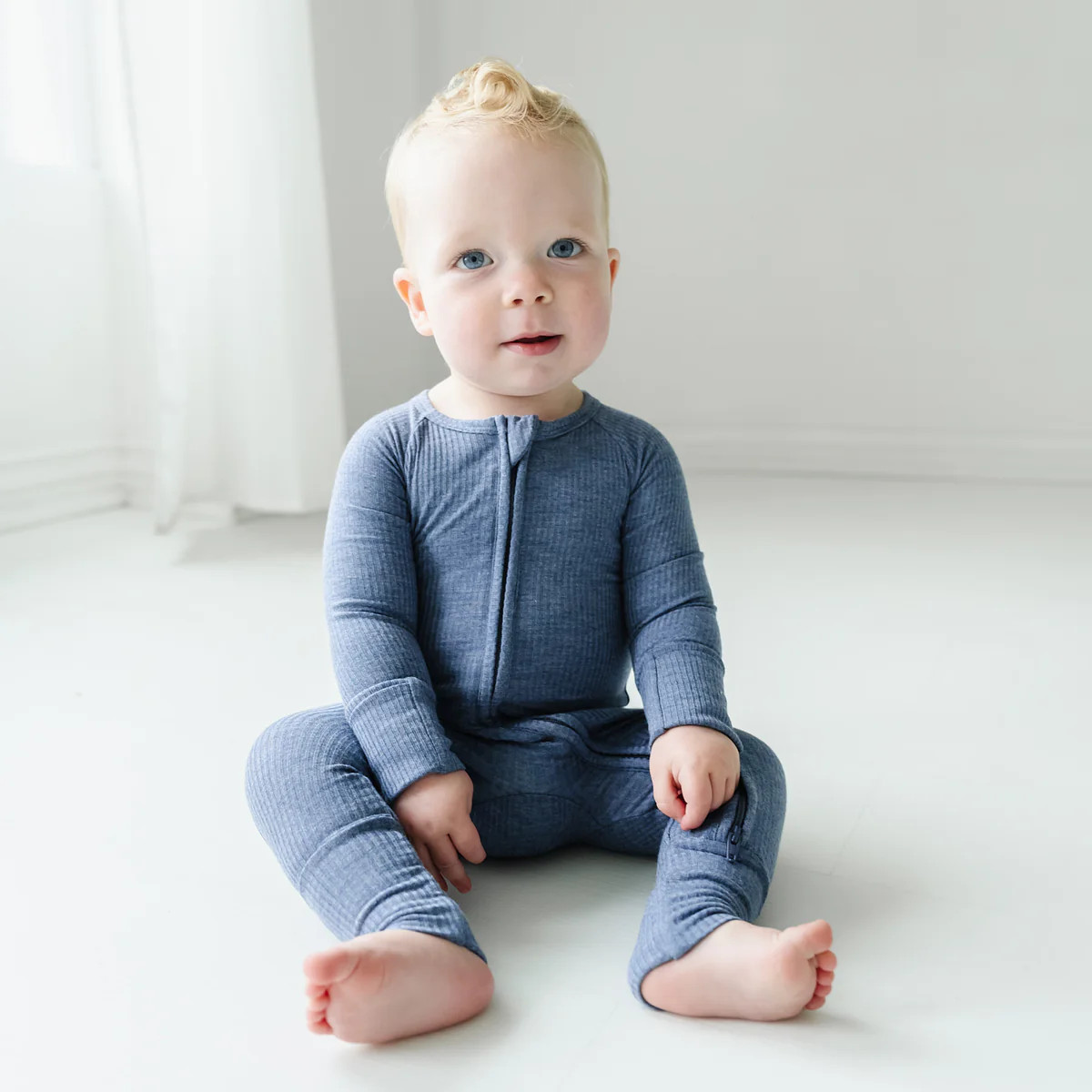 Heather Dusty Indigo Ribbed Zippy | Little Sleepies