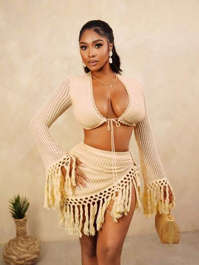 Spring And Summer New Fashion Women's Yellow Braided Fabric Short Jacket Fringe Set, Suitable For... | SHEIN