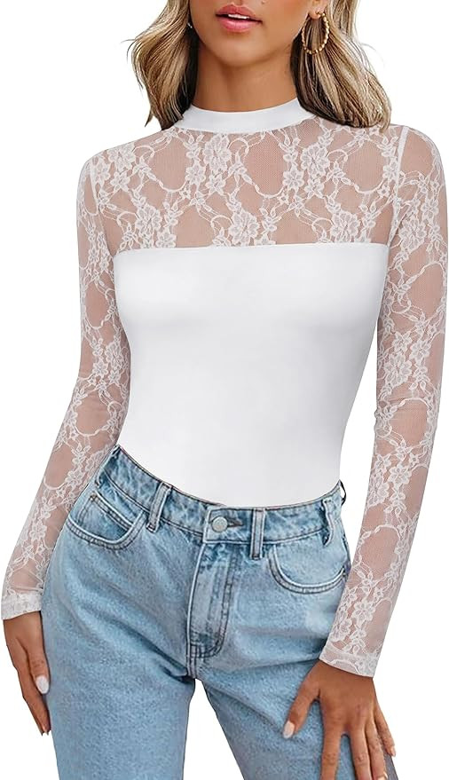 Zeagoo Long Sleeve Shirts for Women's Lace Tops Mesh Sheer Crew Neck Shirts Sexy Fall Going Out B... | Amazon (US)