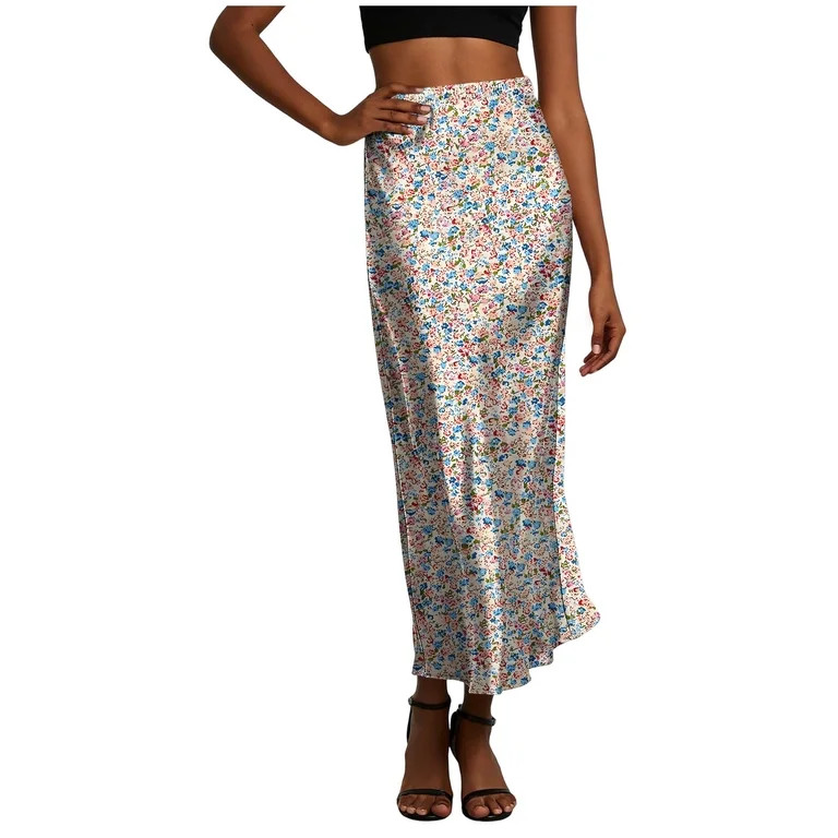 WRKEKC Long Skirts for Women Satin Printed Elastic Waist Maxi Skirt with Casual Lounge Style and ... | Walmart (US)