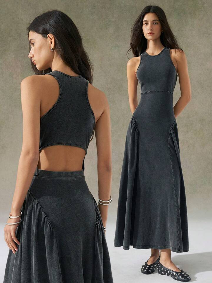 LYSMO 2025 New Arrival Summer Women's Black Distressed Wash Backless Design Dress | SHEIN