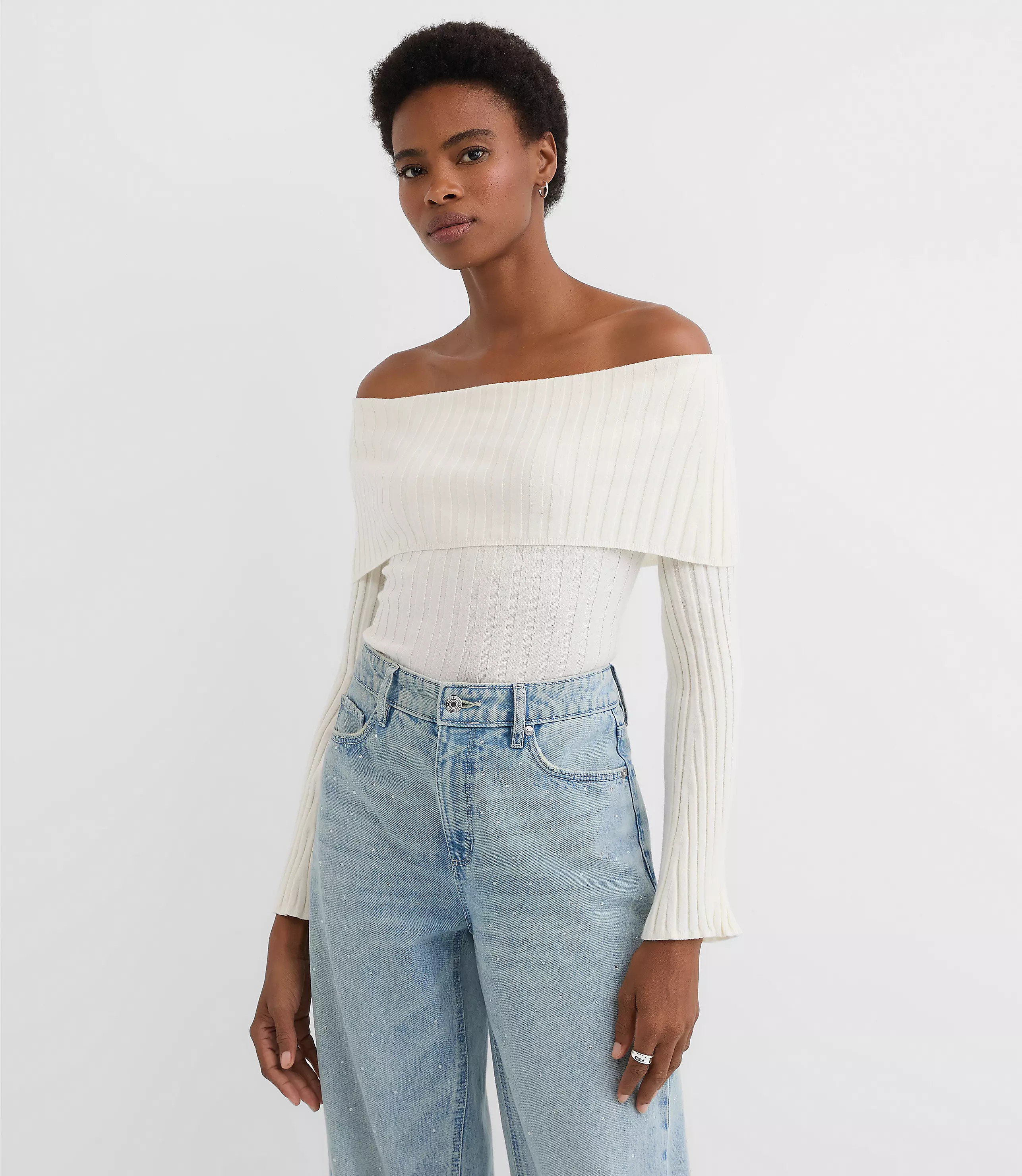 Petite Ribbed Flare Sleeve Off The Shoulder Sweater | LOFT