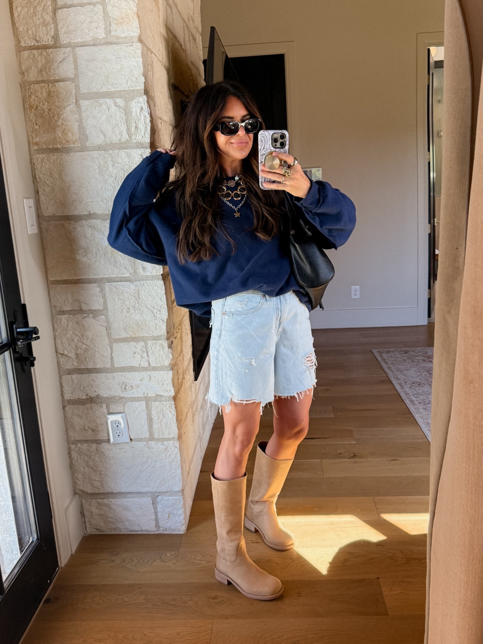 Cute little early fall Pinterest recreation outfit. 
Sweatshirt: XL
Shorts: true to size
Boots: true to size