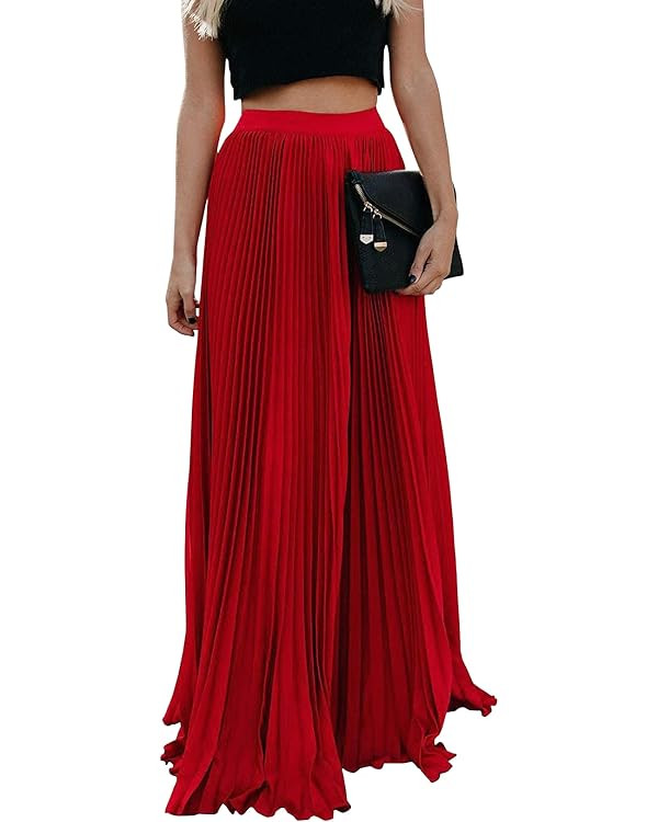 ebossy Women's High Waist Flowy Pleated Chiffon Maxi Skirt | Amazon (US)