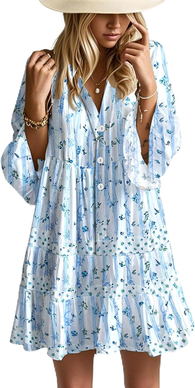 Summer Dresses for Women 2026 Flowy Ruffle 3/4 Sleeve V Neck Tiered Casual Babydoll Boho Beach Mi... | Amazon (US)