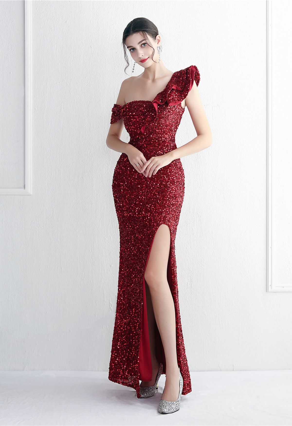 Tiered Ruffle One Shoulder Sequin Slit Gown in Burgundy | Chicwish