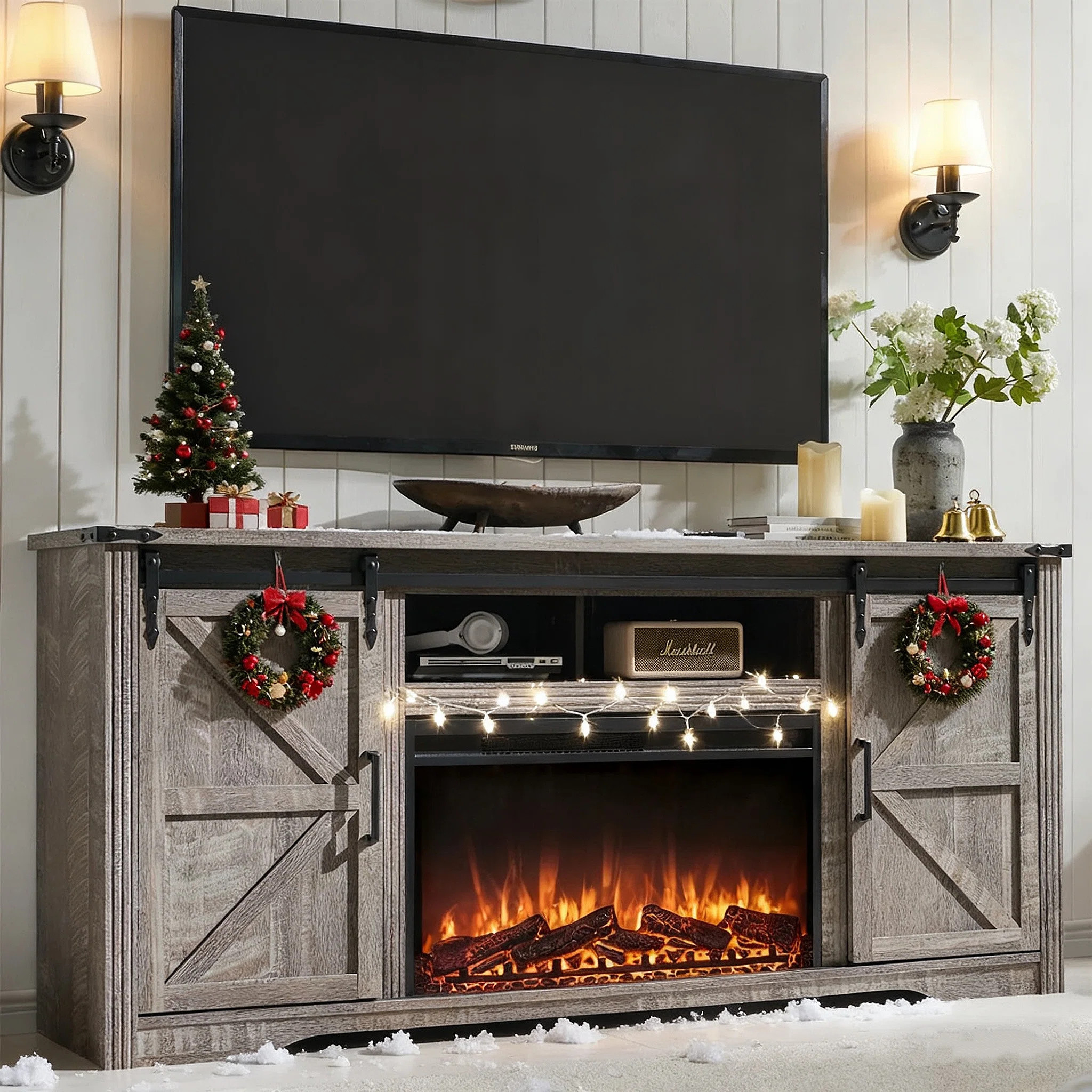 Dossou 70 Inch TV Stand For TVs Up To 80 Inches With Electric Fireplace Included, Fireplace TV Co... | Wayfair North America