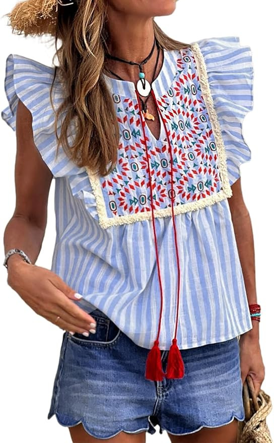 Chvity Women's Bohemian Embroidered Peplum Blouse - Boho Geometric Print V-Neck Ruffle Hem Tassel... | Amazon (US)