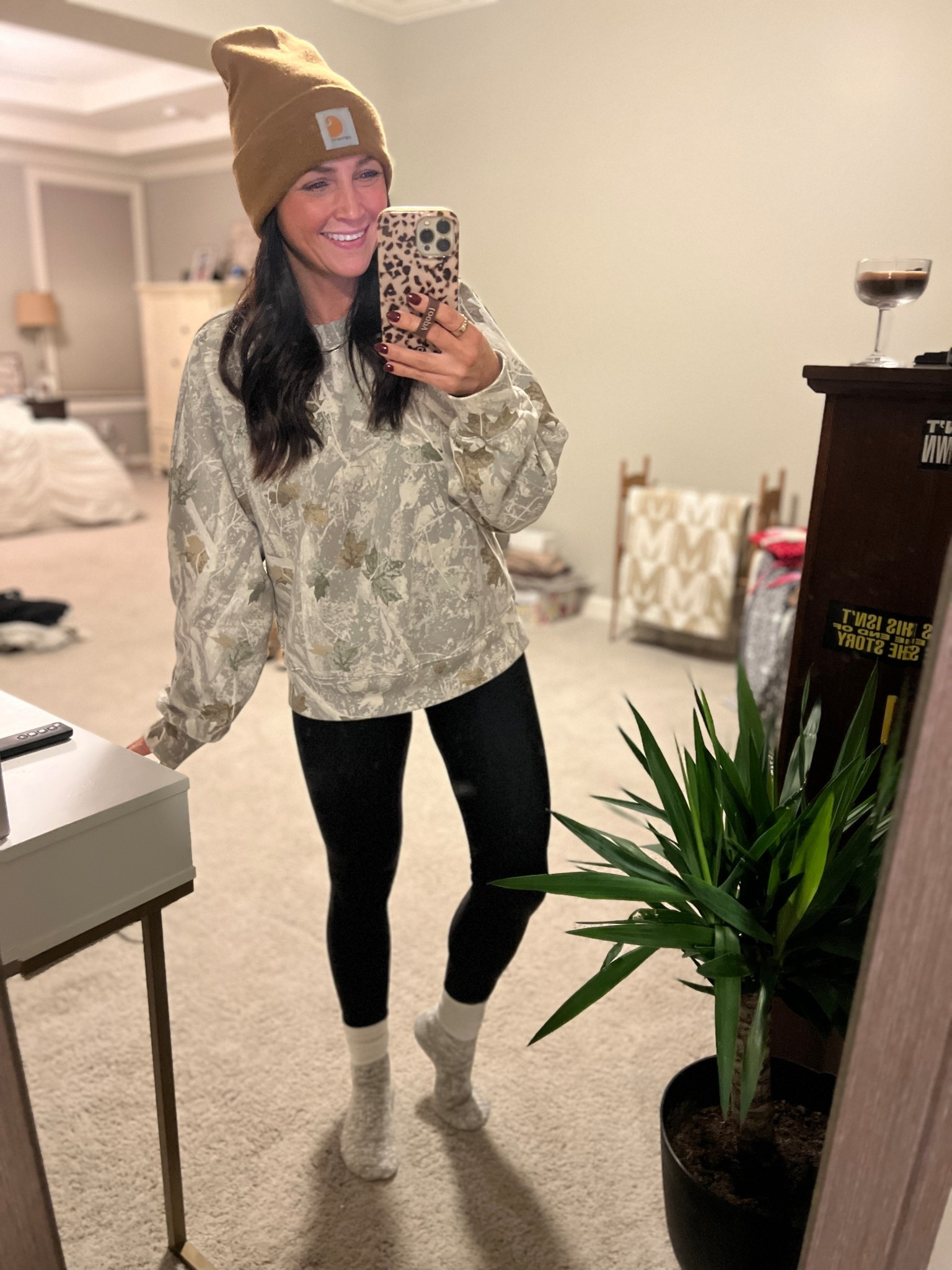Super casual outfit for being outside all day today! Loving this camo sweatshirt and fleece lined leggings for staying warm.

#LTKPetite #LTKOver40