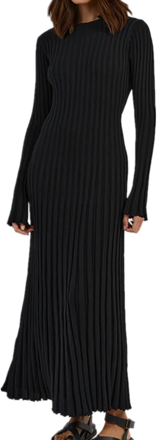 Bodycon Knit Dress for Women Long Sleeve Crew Neck Ribbed Solid Fall Long Maxi Going Out Dress | Amazon (US)