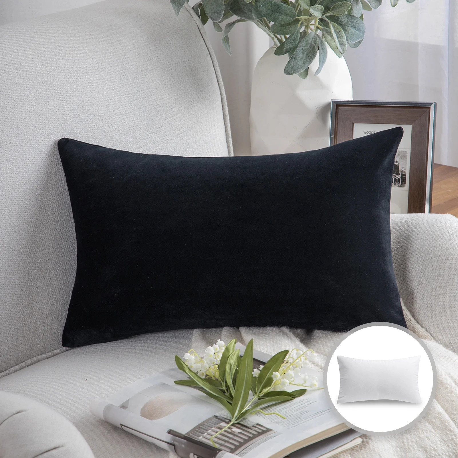 Phantoscope Soft Silky Velvet Series Decorative Throw Pillow, 12" x 20", Black, 1 Pack | Walmart (US)