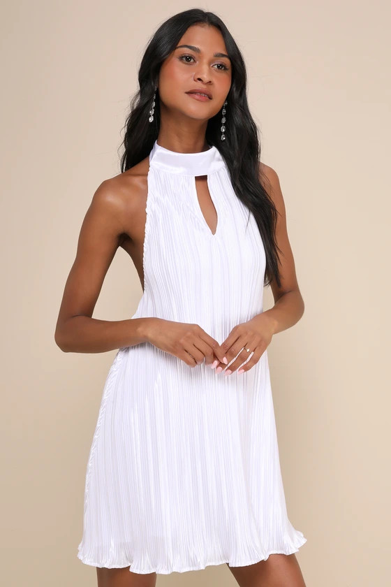 Pretty Aura White Satin Plisse Mock Neck Mini Swing Dress | Lulus