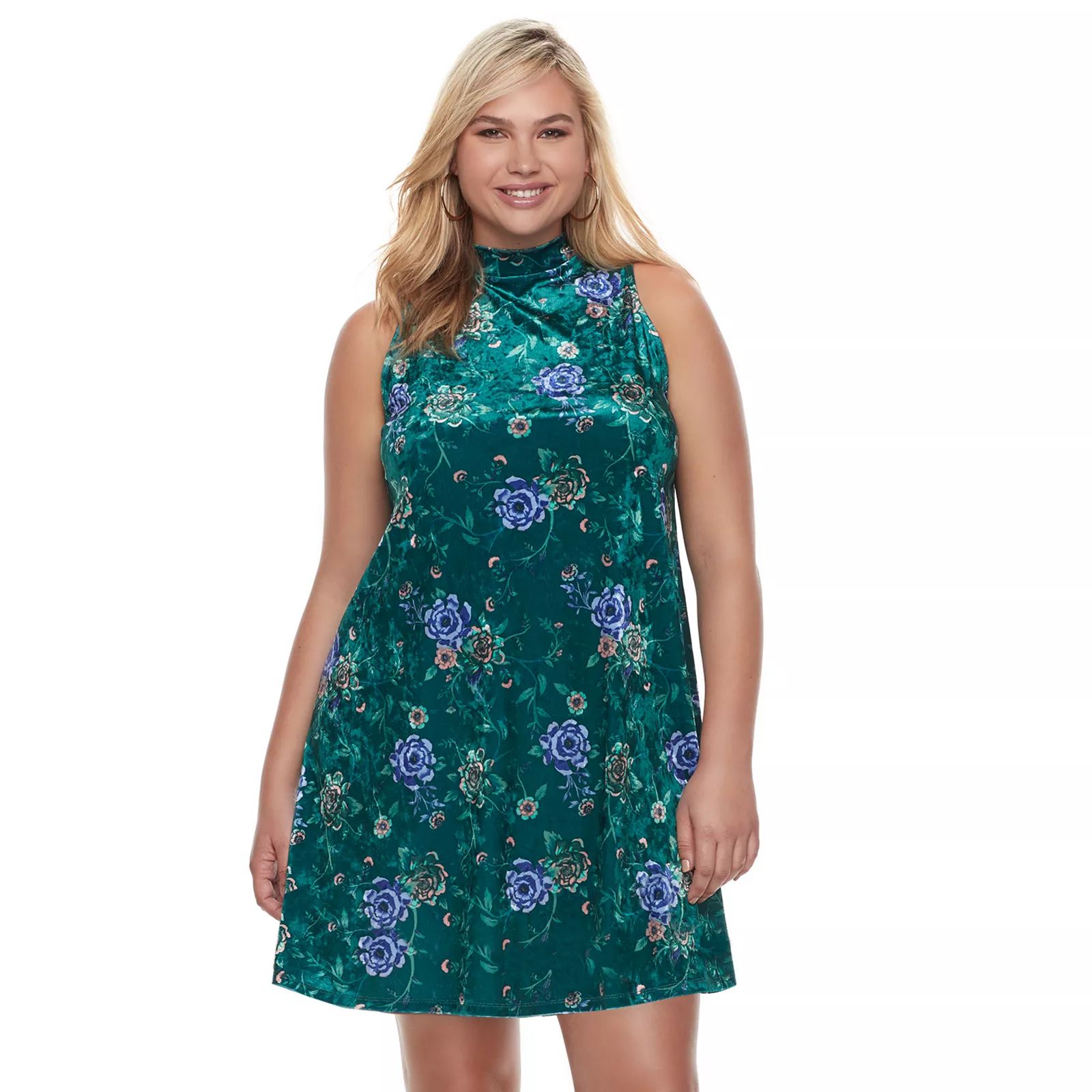 Juniors' Plus Size Mudd® Floral Velvet Swing Dress, Teens, Size: 1XL, Dark Green | Kohl's