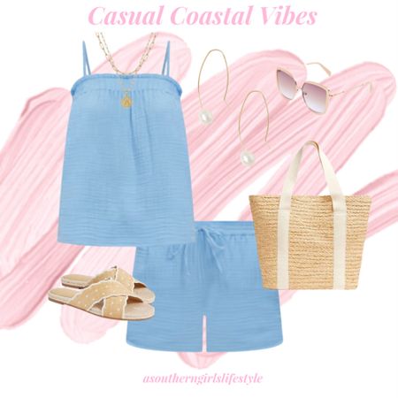 Casual Coastal Vibes! Cozy at Home to running to the Market! Everything is on Sale except the necklaces  

Blue Triple Cloth Ruffle Tank Top & Matching Drawstring Shorts, Gold Initial Necklace Set, Pearl Pull Through Earrings, Sunglasses, Raffia Straw Tote & Scalloped Polka Dot Sandals

Summer Outfit. Travel Outfit  Vacation Outfit  

#LTKFindsUnder50 #LTKStyleTip #LTKSeasonal
