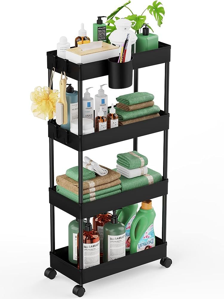 LEHOM Slim Rolling Storage Cart - 4 Tiers Bathroom Organizer Utility Cart Slide Out Storage Shelv... | Amazon (US)