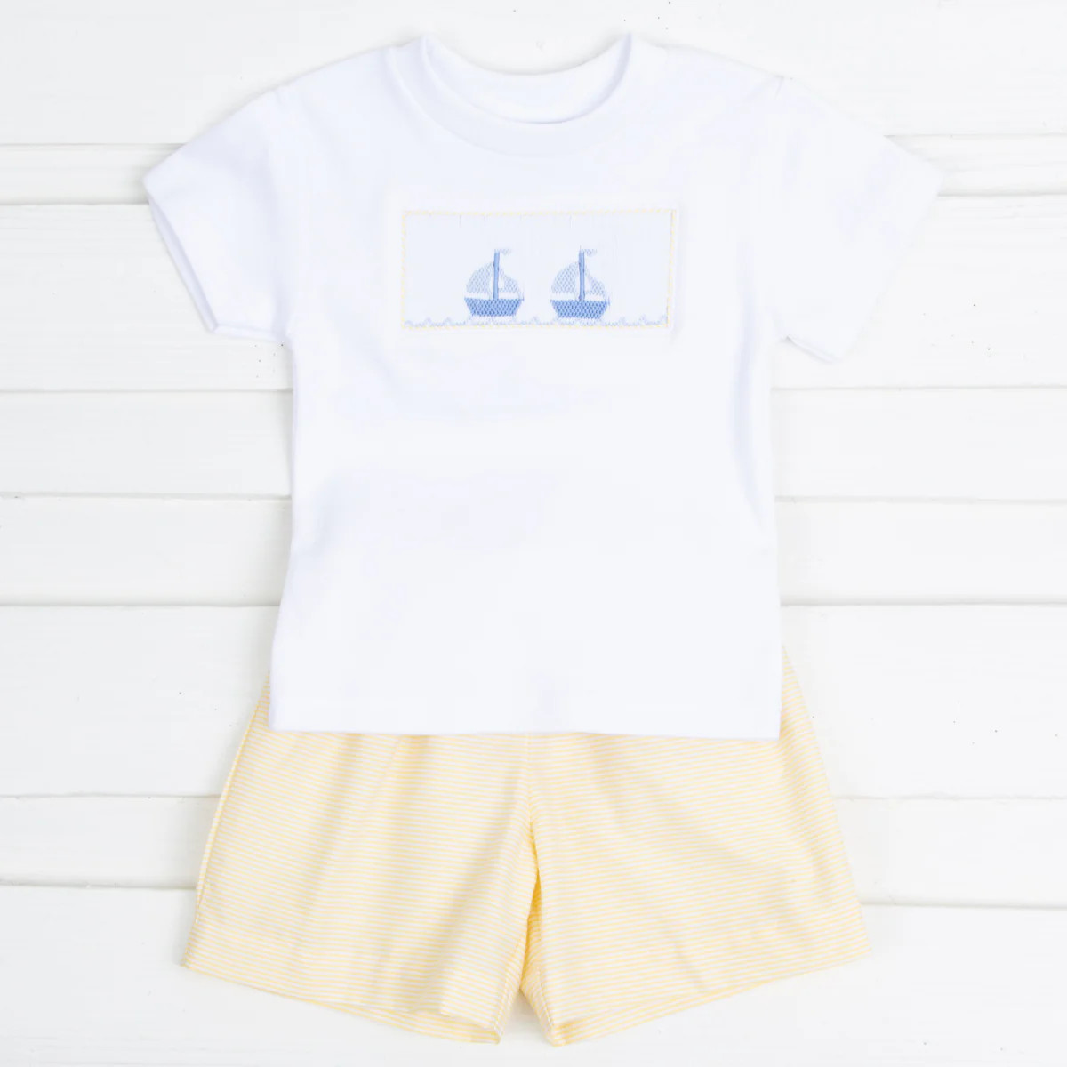 Sailboat Smocked Short Set Yellow Stripe | Classic Whimsy