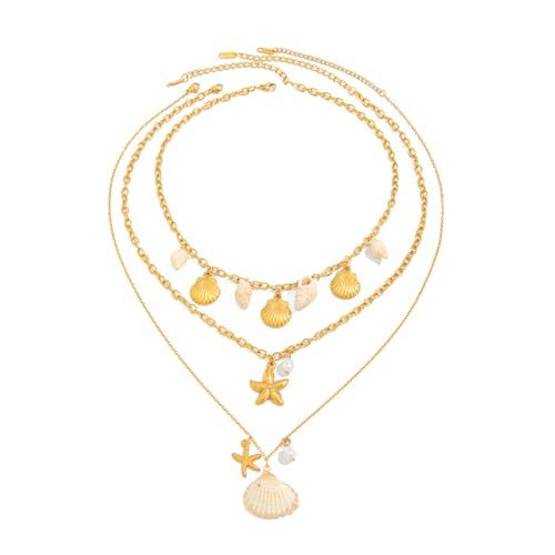 Gold Shell Necklace for Women Charm Ocean Summer Beach Jewelry Stainless Steel Starfish Chain Necklace Boho Shell Pearl Jewelry Gift (Gold01) | Amazon (US)