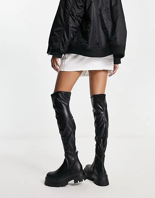 Pull&Bear wide fit thigh high chunky wellie boot in black | ASOS | ASOS (Global)