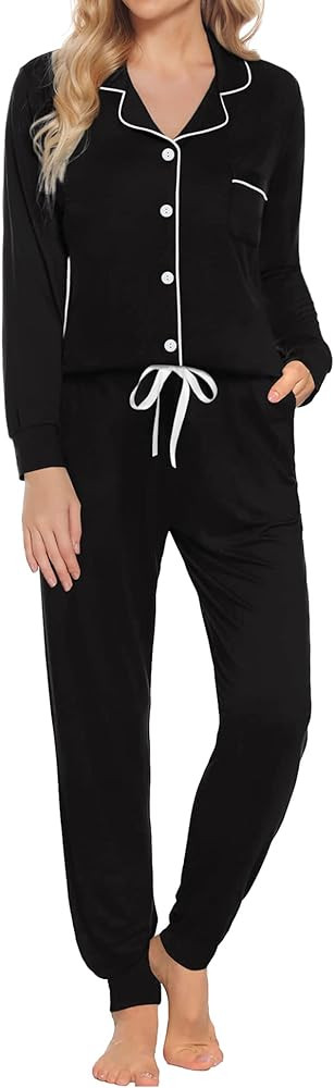 SWOMOG Womens Pajamas Set Long Sleeve Sleepwear Button Down Nightwear Soft Joggers PJs Sets with ... | Amazon (US)