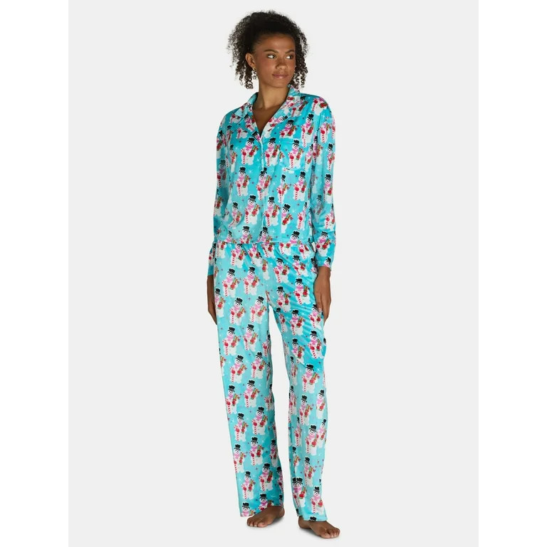 Holiday Time Women’s and Women’s Plus Velour Notch Collar Pajama Top and Pants Set, 2-Piece, ... | Walmart (US)