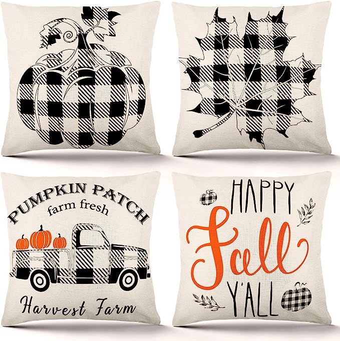 YGEOMER Fall Pillow Covers 18x18 Inch Set of 4 Fall Decor for Home Autumn Farmhouse Buffalo Plaid... | Amazon (US)