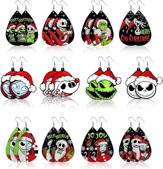 Stology Merry Christmas Faux Leather Earrings Set of 12, Xmas Teardrop Dangle Earrings Bulk Black... | Amazon (US)