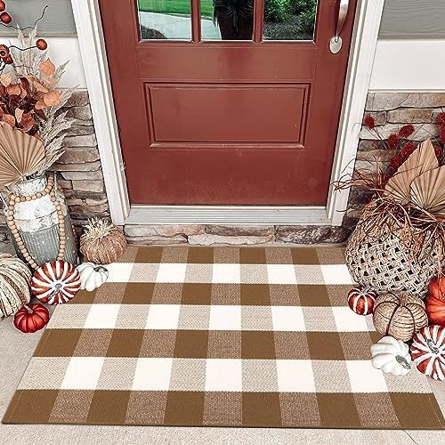 CAINANEL Fall Door Mat Front Door Rug Farmhouse Brown and White Buffalo Check Rug Layered Welcome... | Amazon (US)