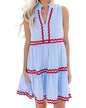 Kuraki Women's Cute Sleeveless RIC Rac Trim Tiered Striped Dress | Amazon (US)
