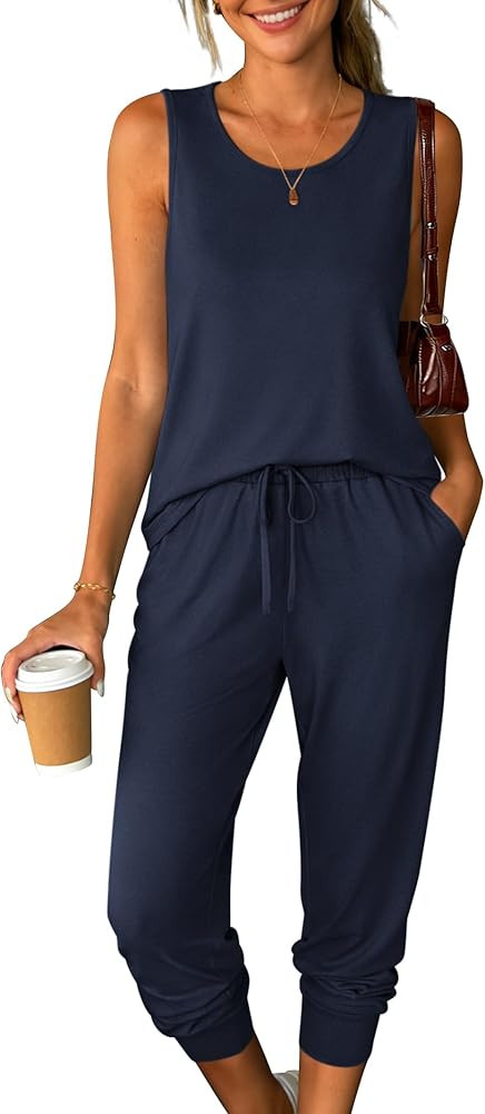 Womens Two Piece Lounge Sets 2026 Summer Sleeveless Outfits Crewneck Tank Tops Joggers Pants Trav... | Amazon (US)