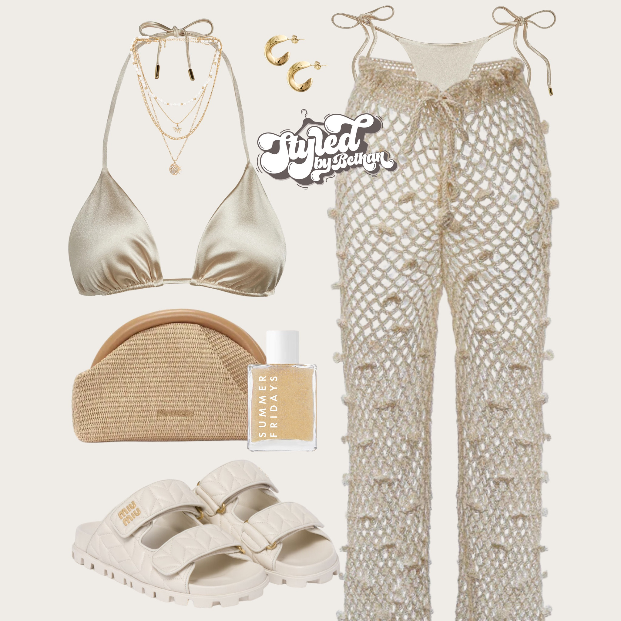 Yacht day 🥂 tags: adreeva beige crochet trousers, Monday swim satin bikini, jw Anderson clutch bag, revolve gold layered necklace, miu miu faux leather sliders, prya gold earrings. Summer, vacation, holiday, euro summer, swimwear, bikini coverup, hen do, outfit inspiration inspi for Ibiza, Greece, Italy, Marbella.  

#LTKluxury #LTKeurope #LTKsummer
