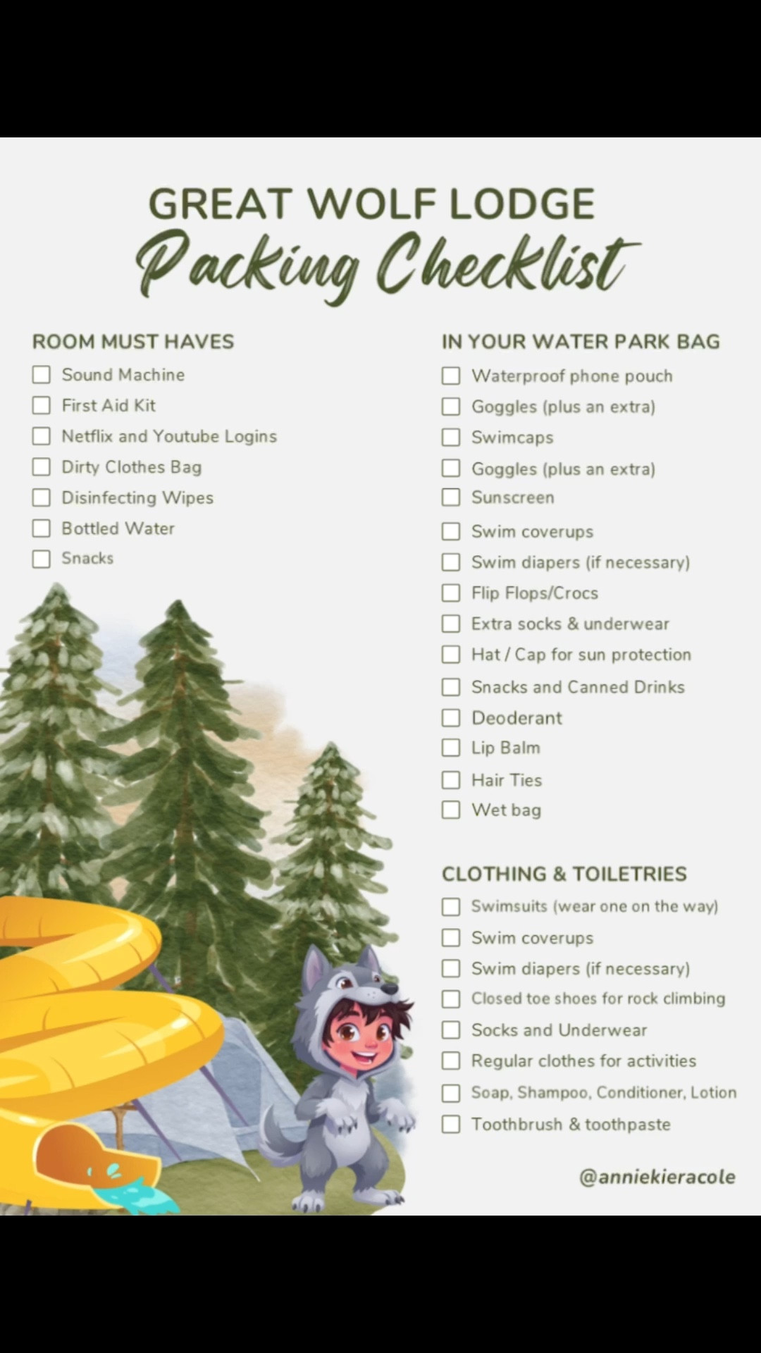 We’ve been to Great Wolf Lodge SIX times… and I finally stopped winging it.

So I made the exact packing list I use every trip — waterpark bag, room must-haves, snack stash, all of it.

Because nothing ruins a trip faster than:
• forgetting goggles
• paying $9 for cereal
• or having no dry clothes for the ride home

You can download the full printable list here 🤍
Save this for your next trip.


#LTKKids #LTKTravel #LTKmomlife