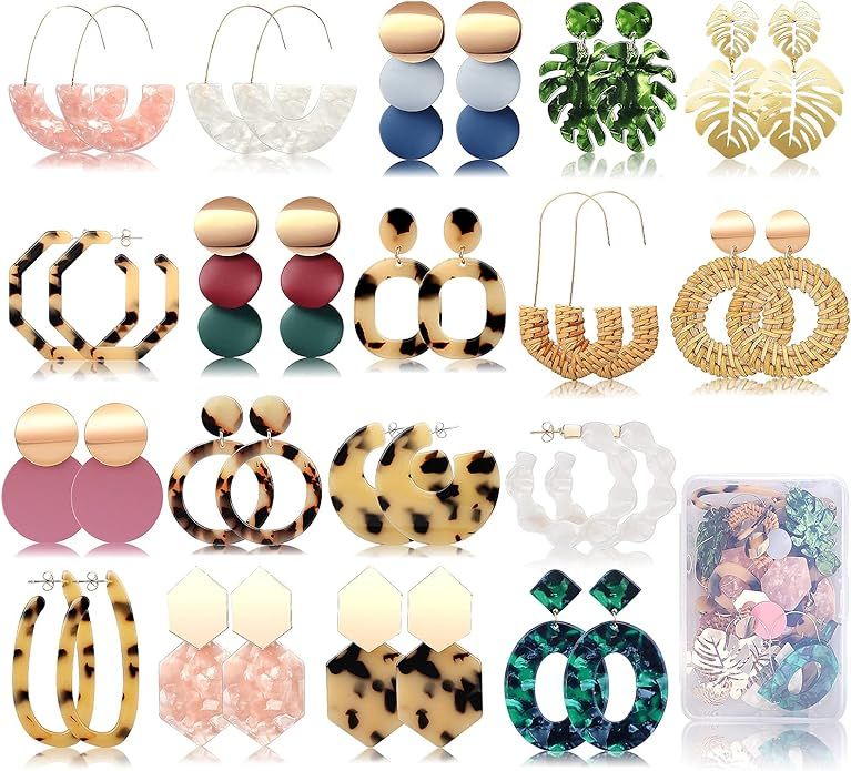 FIFATA 18 Pairs Statement Earrings for Women Girls Straw Rattan Earrings Acrylic Resin Hoop Drop ... | Amazon (US)