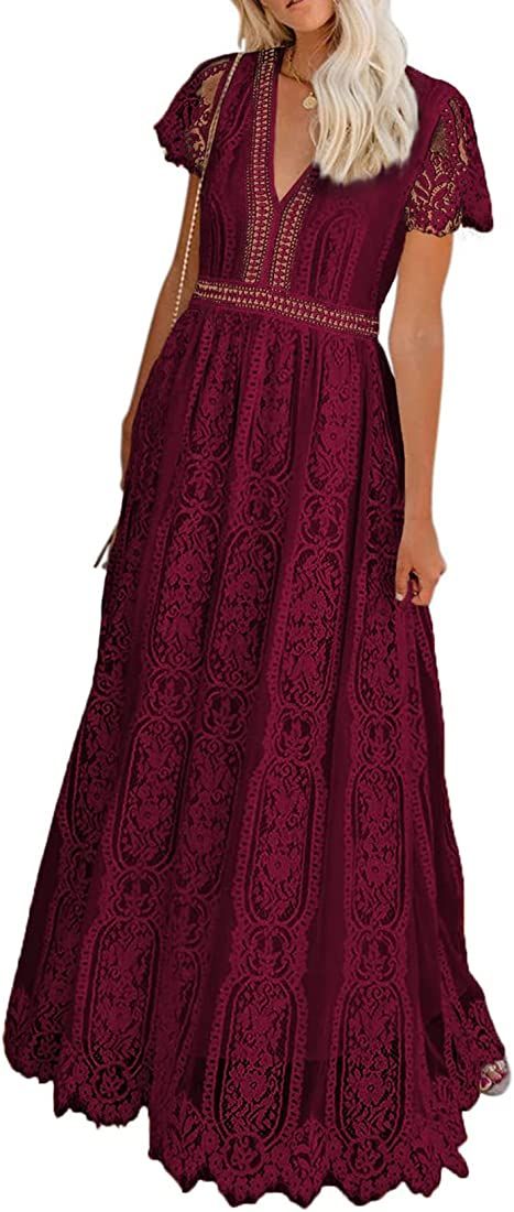 Women's V Neck Floral Lace Wedding Dress Short Sleeve Bridesmaid Evening Party Maxi Dress | Amazon (US)