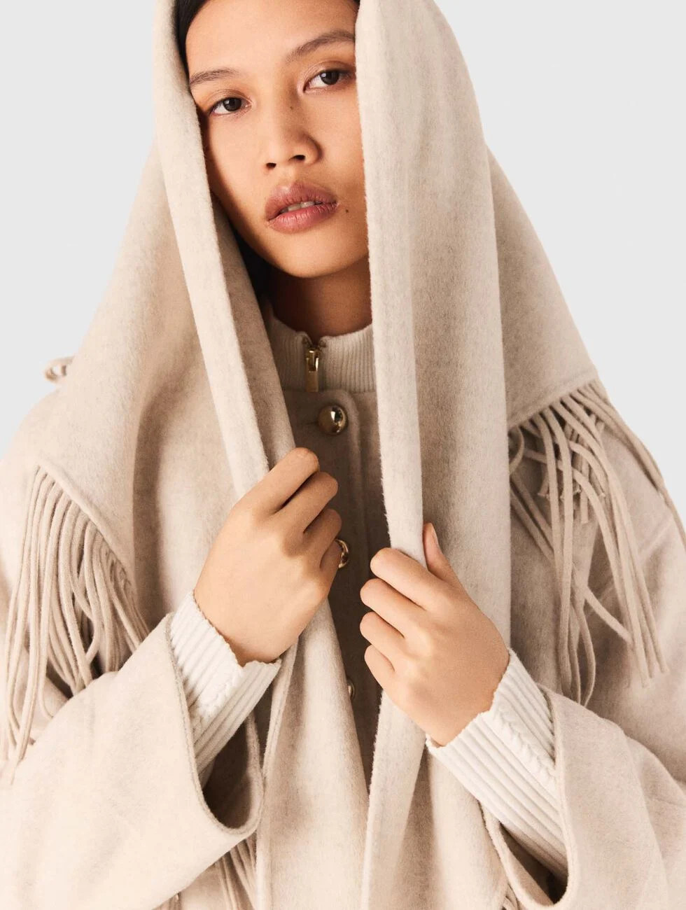 Cropped wool coat with removable scarf White for Women | Maje | Maje US