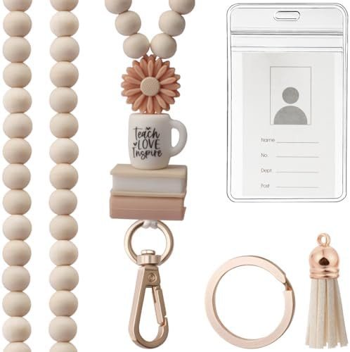 GUENOCIK Teacher Lanyard with ID Holder, Fashion Wood Beaded Lanyard for Keys, Super Cute Boho Br... | Amazon (US)