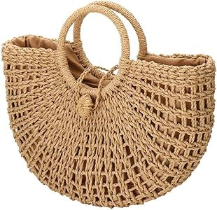 Straw Bags for Women,Hand-woven Straw Top-handle Bag with Round Ring Handle Summer Beach Rattan T... | Amazon (US)