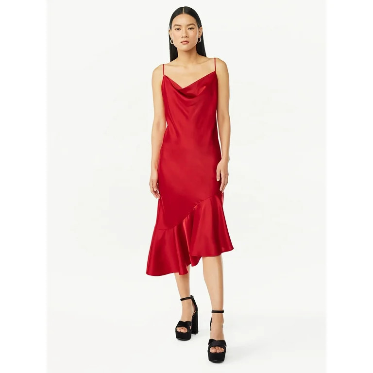 Scoop Women’s Asymmetrical Satin Ruffle Cami Dress, Sizes XS-XXL | Walmart (US)