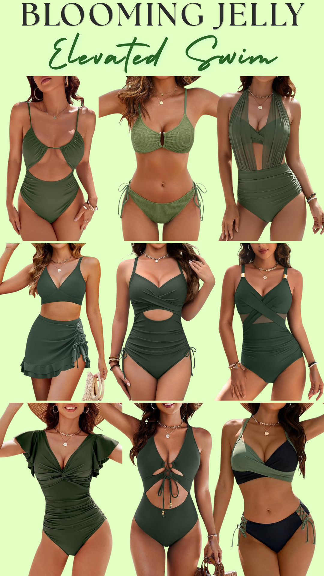 BLOOMING JELLY | Most Popular Green Bikinis and One Piece Swimsuits | Elevated Swim Collection ☀️ 

Blooming Jelly green swim that people keep clicking, saving, and buying — these are my most popular one-pieces and bikinis I’d shop first. 

I pulled together my best-performing green Blooming Jelly swimsuits because these are the styles that keep standing out: flattering one-pieces, sculpting cutouts, wrap details, tie-front styles, high-waisted bikini bottoms, swim skirts, mesh details, and rich green tones that look way more expensive than the price.

Green swim is such a good buy because it feels elevated, earthy, flattering, and a little more unique than basic black while still being easy to rewear. 

These are the pieces you grab when you want swim that feels confident, styled, and vacation-ready without looking overly trendy.

Why these are worth checking:
- most-clicked green swim styles
- some of my most purchased swimsuits
- bestseller energy for a reason
green swim looks elevated and expensive
- flattering one-pieces + bikinis
easy to style with straw bags, linen pants, sarongs, coverups, sandals, gold jewelry, and beach totes
perfect if you want affordable Amazon swim that does not look cheap

These are for the girl who wants swim that feels flattering, supportive, and put together — not a random swimsuit that looks cute online but feels awkward once it arrives.

Perfect for: green swimsuits, olive green swim, sage green swim, one-piece swimsuits, high-waisted bikinis, beach vacations, pool days, resort wear, cruises, lake weekends, bachelorette trips, honeymoon outfits, tropical vacations, mom swim, tummy-control swimsuits, vacation swimwear, and affordable Amazon swim that looks expensive.

If you’ve been overwhelmed trying to find the best Blooming Jelly swimsuit to try first, start here — these are the green one-pieces and bikinis people keep clicking and buying.

↓ Everything is linked!

#LTKActive #LTKSaleAlert #LTKSwim