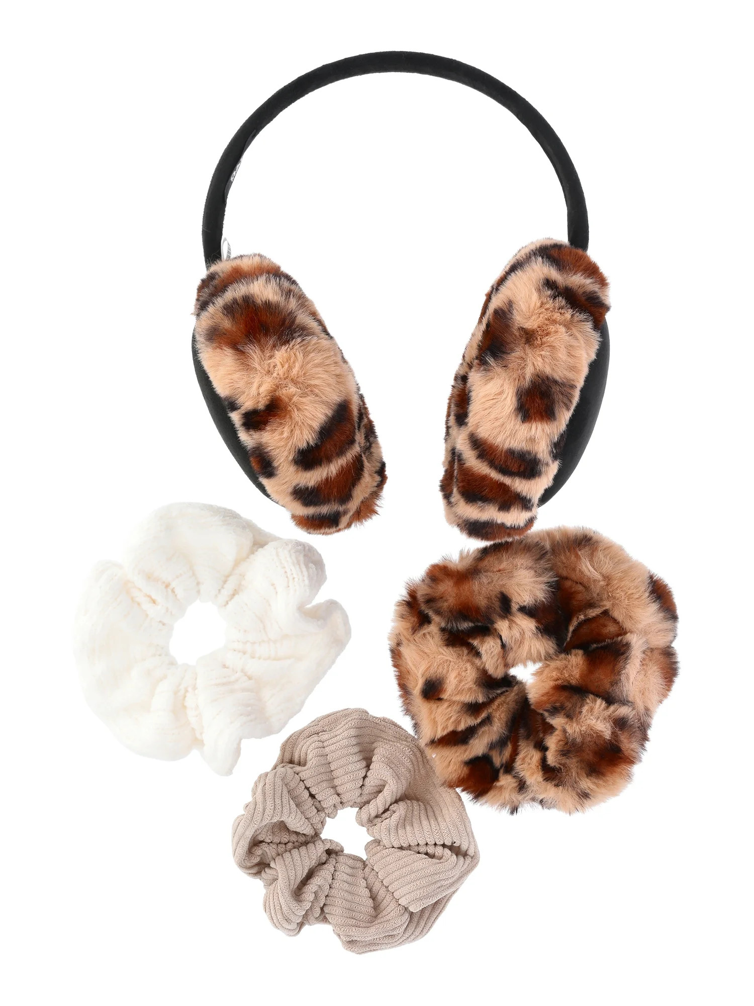 Madden NYC Women's Faux Suede Ear Muffs and Hair Scrunchy Set, 4-Piece, Leopard | Walmart (US)