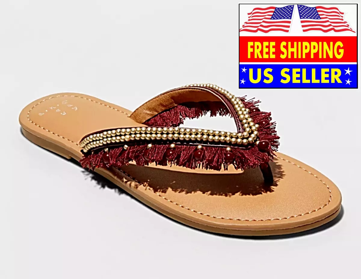 A NEW DAY WOMENS ALEXIS BEADED FRINGE THONG SANDALS W/ BURGUNDY FRINGE | eBay US