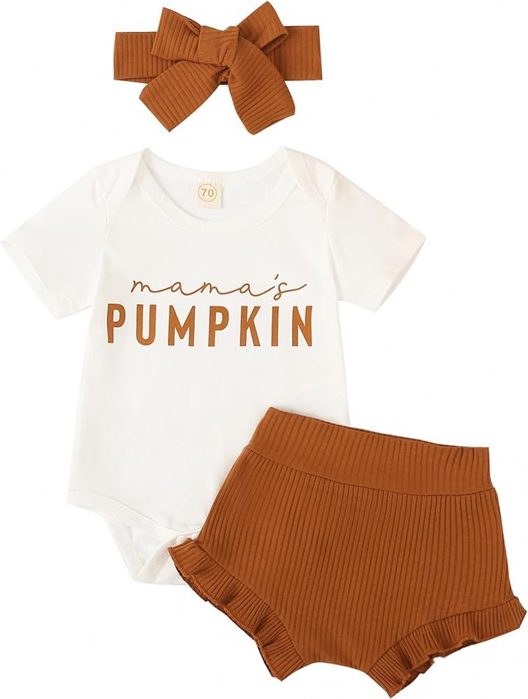 Tinypainter Baby Girl Halloween Outfit Pumpkin Romper+Ruffle Shorts Set+Headband Newborn Fall Clo... | Amazon (US)