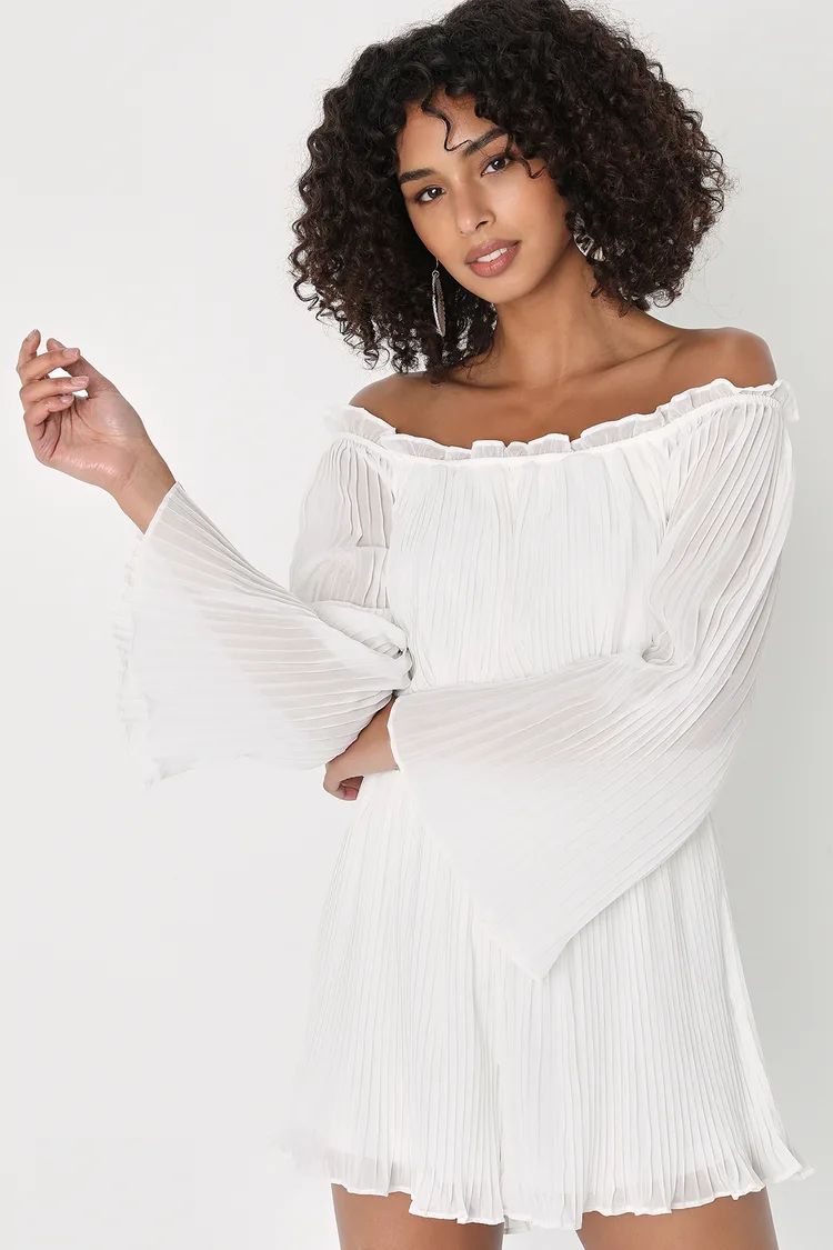 Here to Plisse White Pleated Off-the-Shoulder Long Sleeve Romper | Lulus (US)